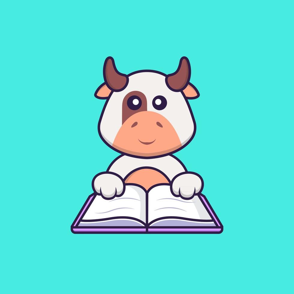 vaca linda leyendo un libro. aislado concepto de dibujos animados de animales. Puede utilizarse para camiseta, tarjeta de felicitación, tarjeta de invitación o mascota. estilo de dibujos animados plana vector