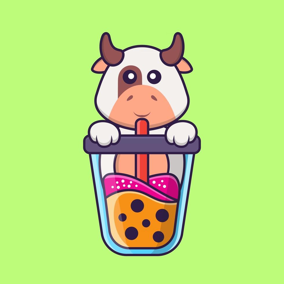 Linda vaca bebiendo té con leche de boba. aislado concepto de dibujos animados de animales. Puede utilizarse para camiseta, tarjeta de felicitación, tarjeta de invitación o mascota. estilo de dibujos animados plana vector