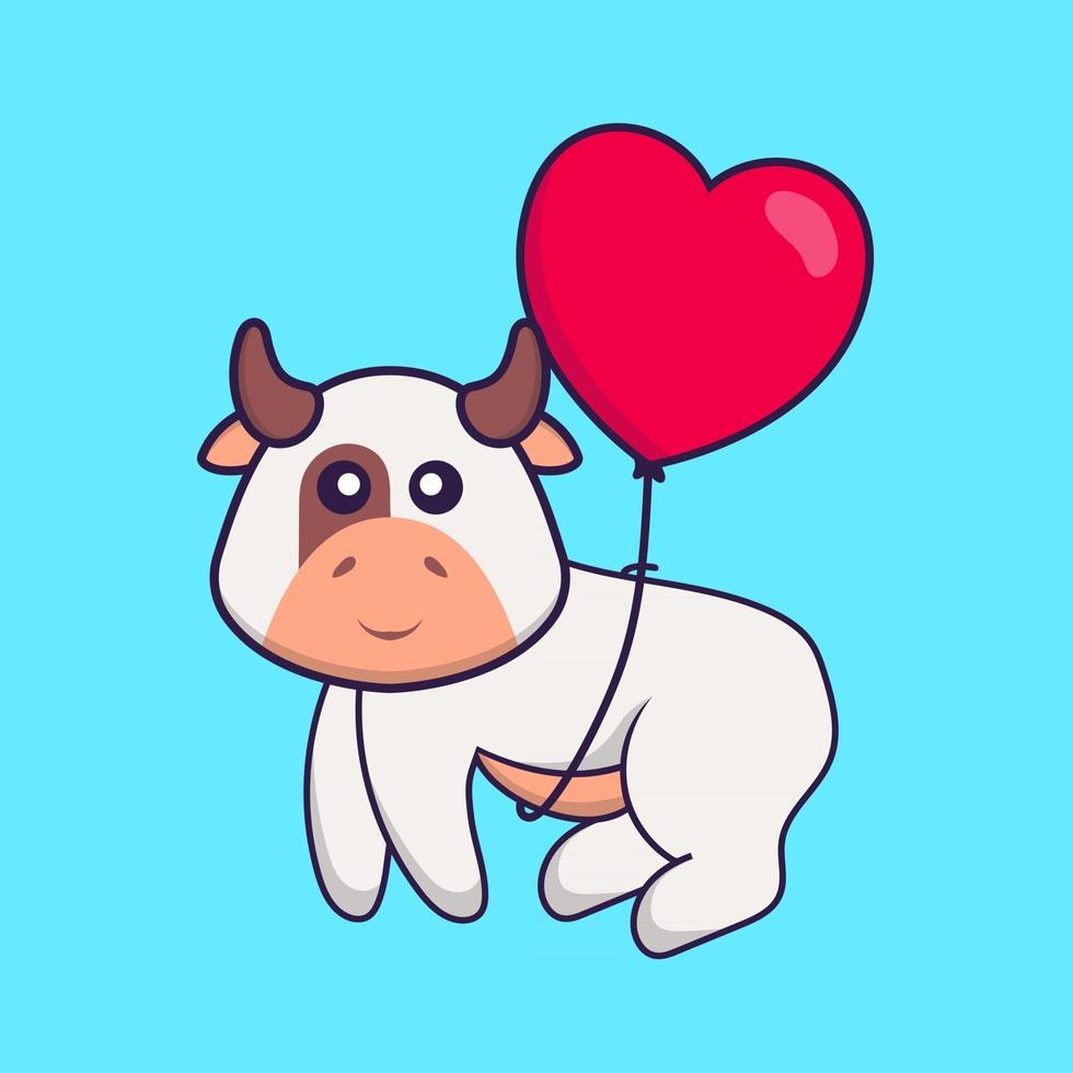 Cute cow flying with love shaped balloons. Animal cartoon concept isolated. Can used for t-shirt, greeting card, invitation card or mascot. Flat Cartoon Style vector