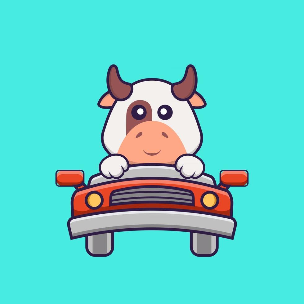 Cute cow is driving. Animal cartoon concept isolated. Can used for t-shirt, greeting card, invitation card or mascot. Flat Cartoon Style vector