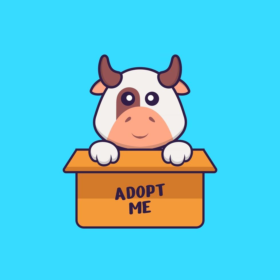 Cute cow in box with a poster Adopt me. Animal cartoon concept isolated. Can used for t-shirt, greeting card, invitation card or mascot. Flat Cartoon Style vector