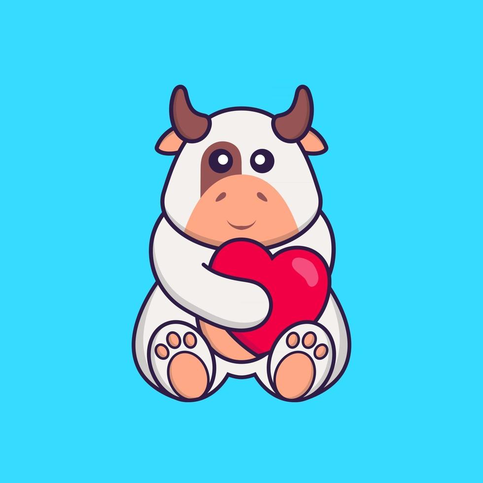 Cute cow holding a big red heart. Animal cartoon concept isolated. Can used for t-shirt, greeting card, invitation card or mascot. Flat Cartoon Style vector