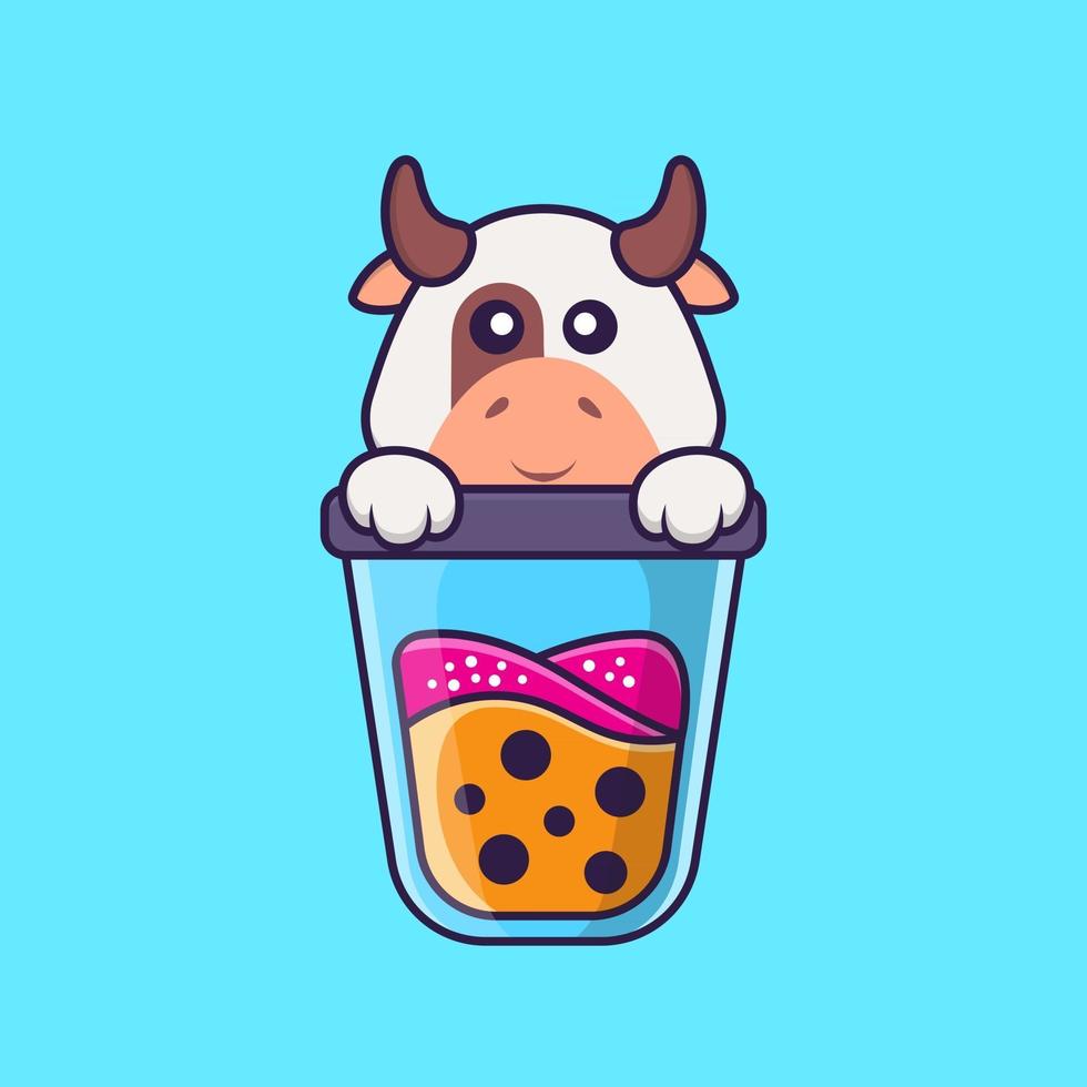 Cute cow Drinking Boba milk tea. Animal cartoon concept isolated. Can used for t-shirt, greeting card, invitation card or mascot. Flat Cartoon Style vector
