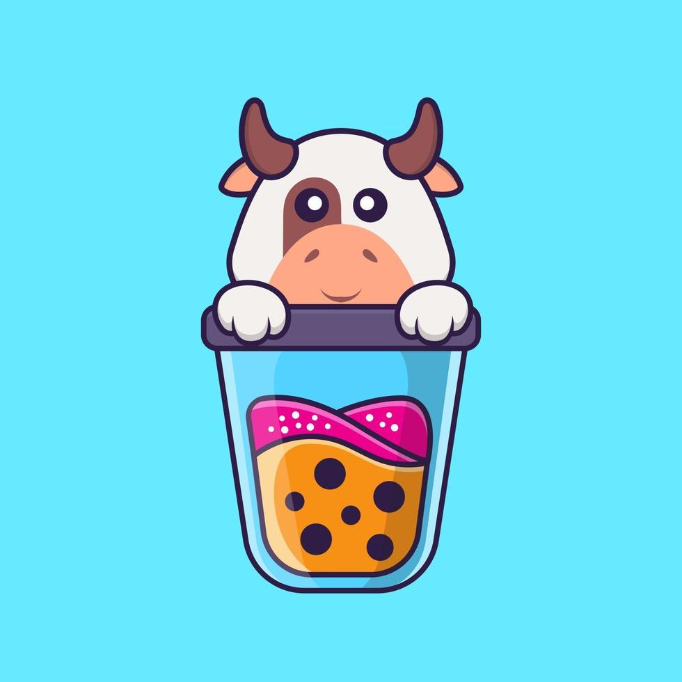 Linda vaca bebiendo té con leche de boba. aislado concepto de dibujos animados de animales. Puede utilizarse para camiseta, tarjeta de felicitación, tarjeta de invitación o mascota. estilo de dibujos animados plana vector