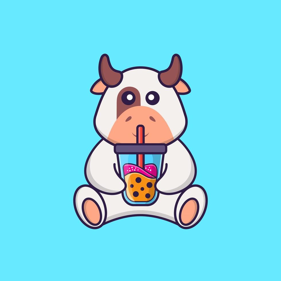 Cute cow Drinking Boba milk tea. Animal cartoon concept isolated. Can used for t-shirt, greeting card, invitation card or mascot. Flat Cartoon Style vector