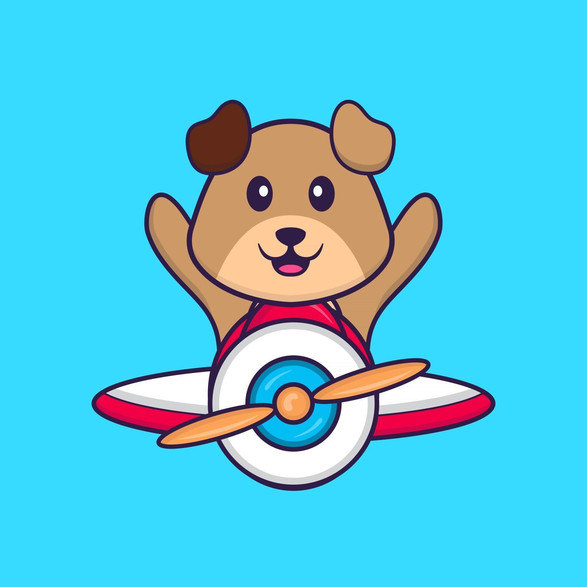 Cute dog flying on a plane. Animal cartoon concept isolated. Can used