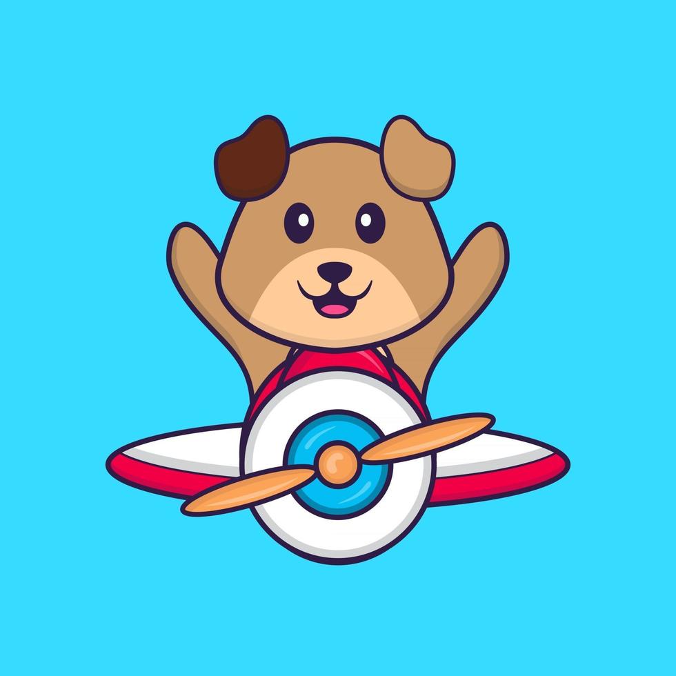 lindo perro volando en un avión. aislado concepto de dibujos animados de animales. Puede utilizarse para camiseta, tarjeta de felicitación, tarjeta de invitación o mascota. estilo de dibujos animados plana vector