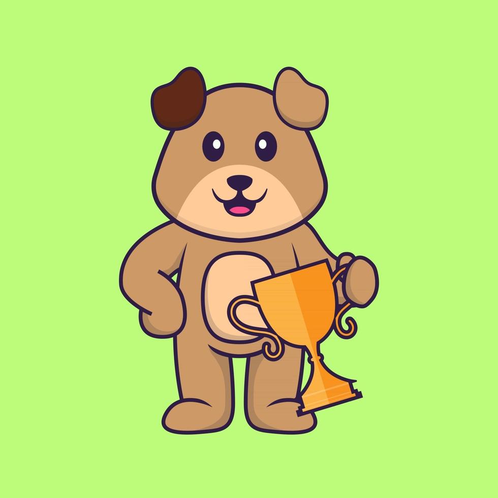 Cute dog holding gold trophy. Animal cartoon concept isolated. Can used for t-shirt, greeting card, invitation card or mascot. Flat Cartoon Style vector