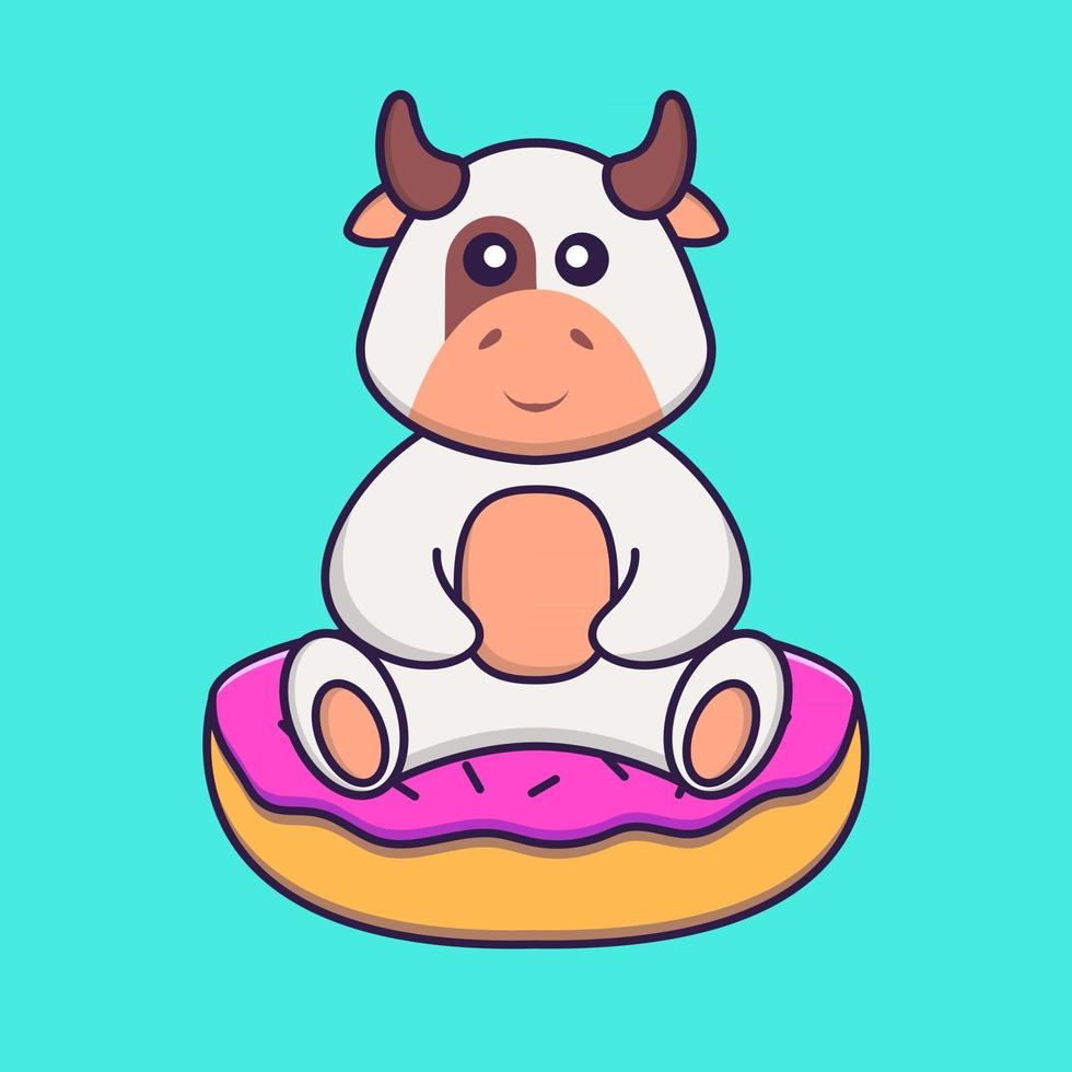Cute cow is sitting on donuts. Animal cartoon concept isolated. Can used for t-shirt, greeting card, invitation card or mascot. Flat Cartoon Style vector