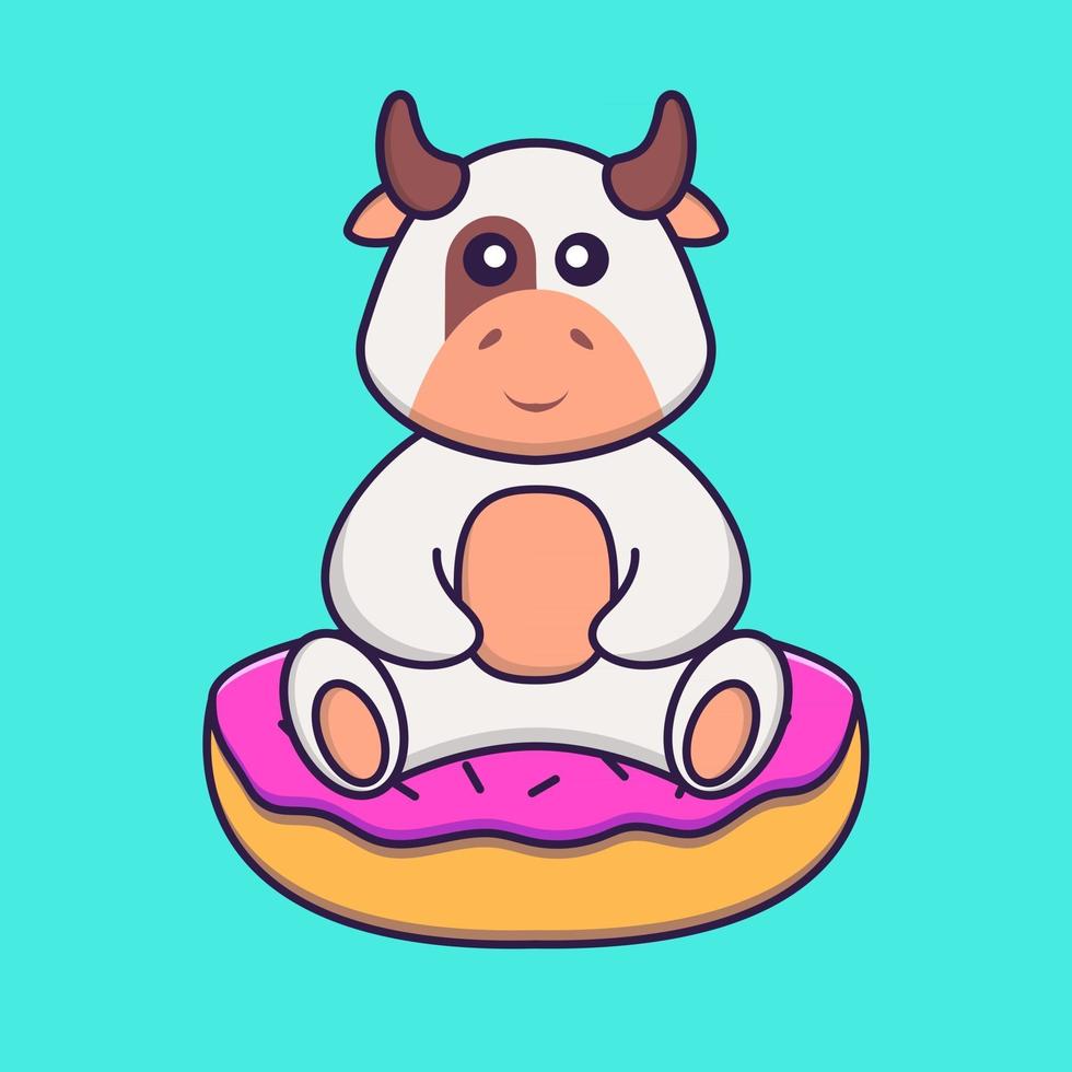 linda vaca está sentada sobre donas. aislado concepto de dibujos animados de animales. Puede utilizarse para camiseta, tarjeta de felicitación, tarjeta de invitación o mascota. estilo de dibujos animados plana vector