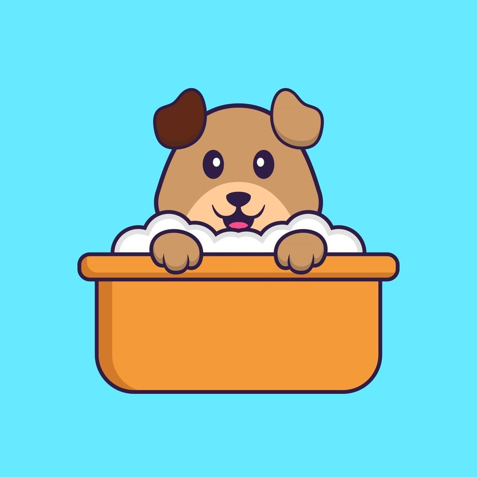 Cute dog taking a bath in the bathtub. Animal cartoon concept isolated. Can used for t-shirt, greeting card, invitation card or mascot. Flat Cartoon Style vector