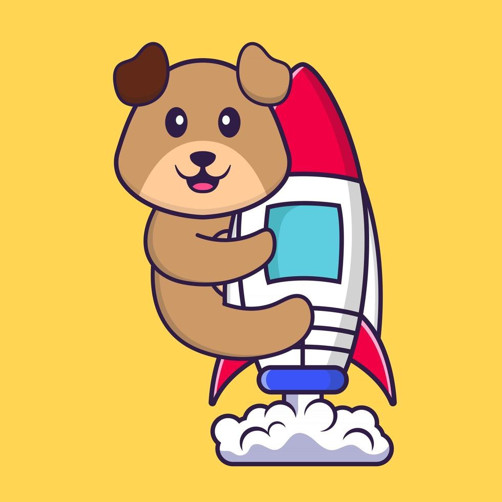 Cute dog flying on rocket. Animal cartoon concept isolated. Can used for t-shirt, greeting card, invitation card or mascot. Flat Cartoon Style vector
