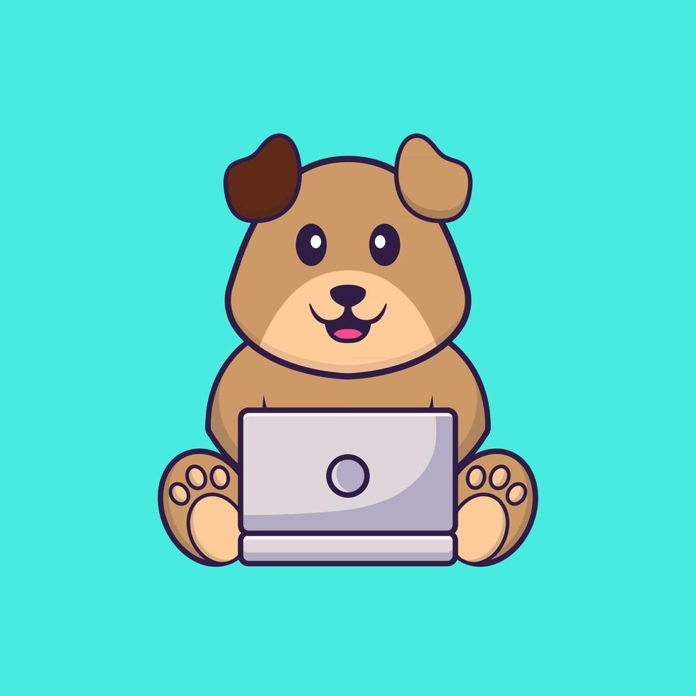 Cute dog using laptop. Animal cartoon concept isolated. Can used for t-shirt, greeting card, invitation card or mascot. Flat Cartoon Style vector