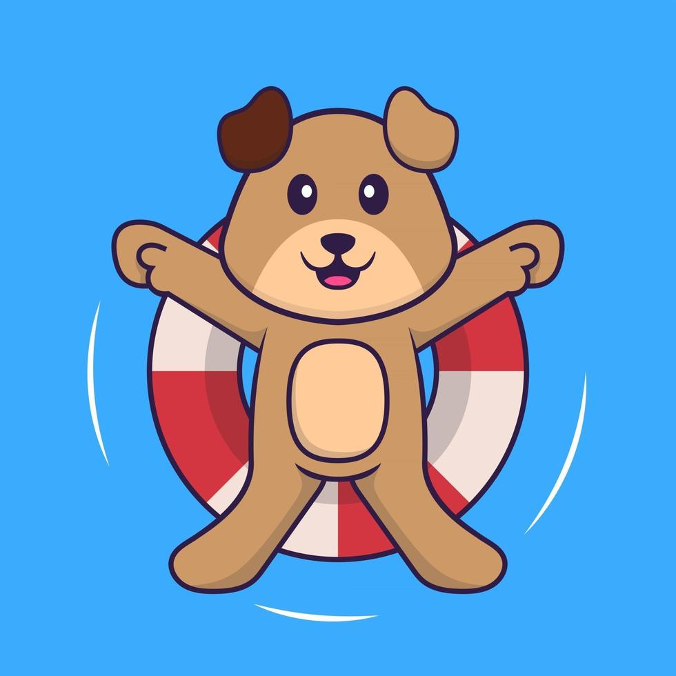 Cute dog is Swimming with a buoy. Animal cartoon concept isolated. Can used for t-shirt, greeting card, invitation card or mascot. Flat Cartoon Style vector