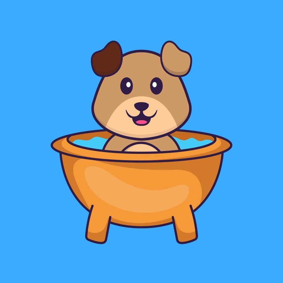 Cute dog taking a bath in the bathtub. Animal cartoon concept isolated. Can used for t-shirt, greeting card, invitation card or mascot. Flat Cartoon Style vector