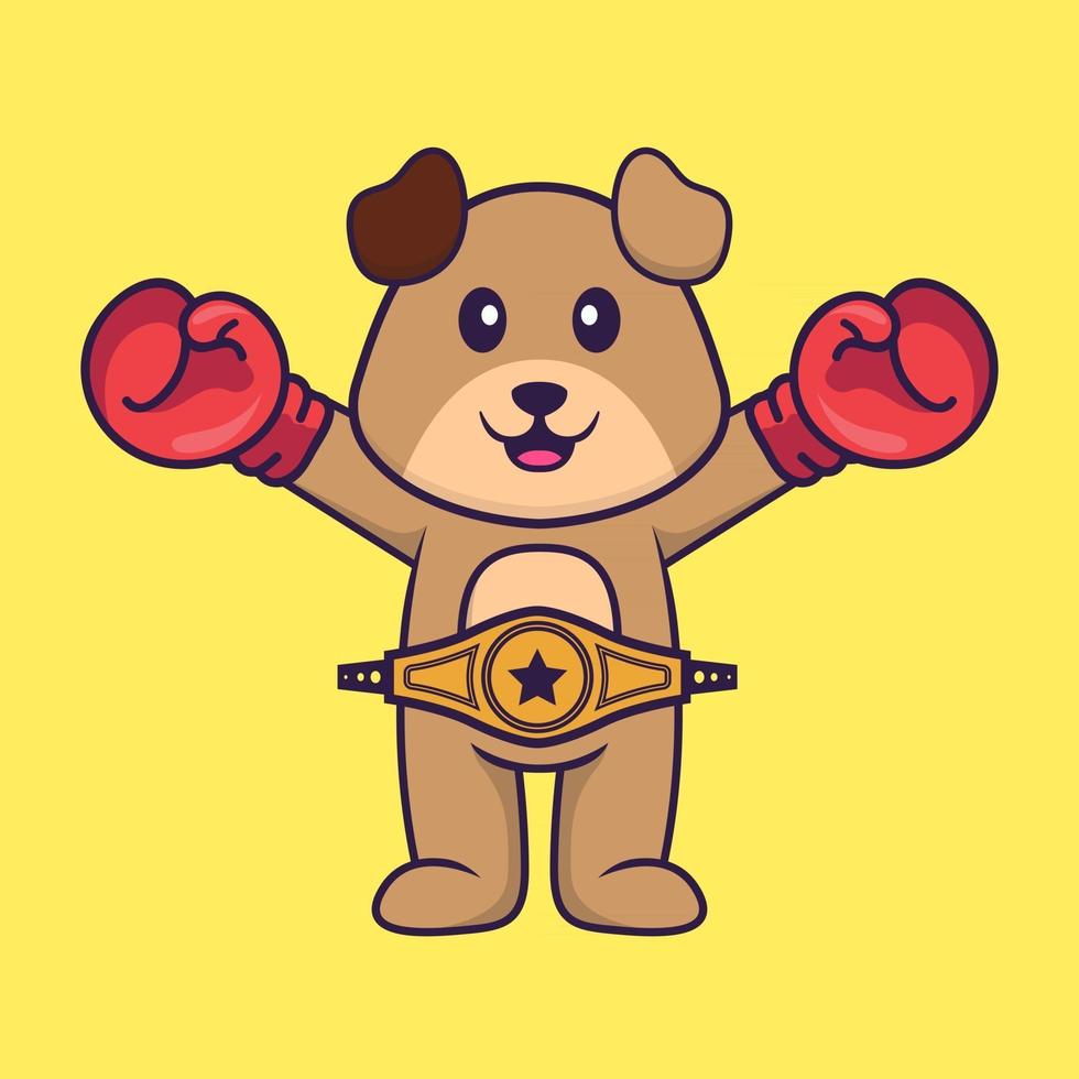 Cute dog in boxer costume with champion belt. Animal cartoon concept isolated. Can used for t-shirt, greeting card, invitation card or mascot. Flat Cartoon Style vector