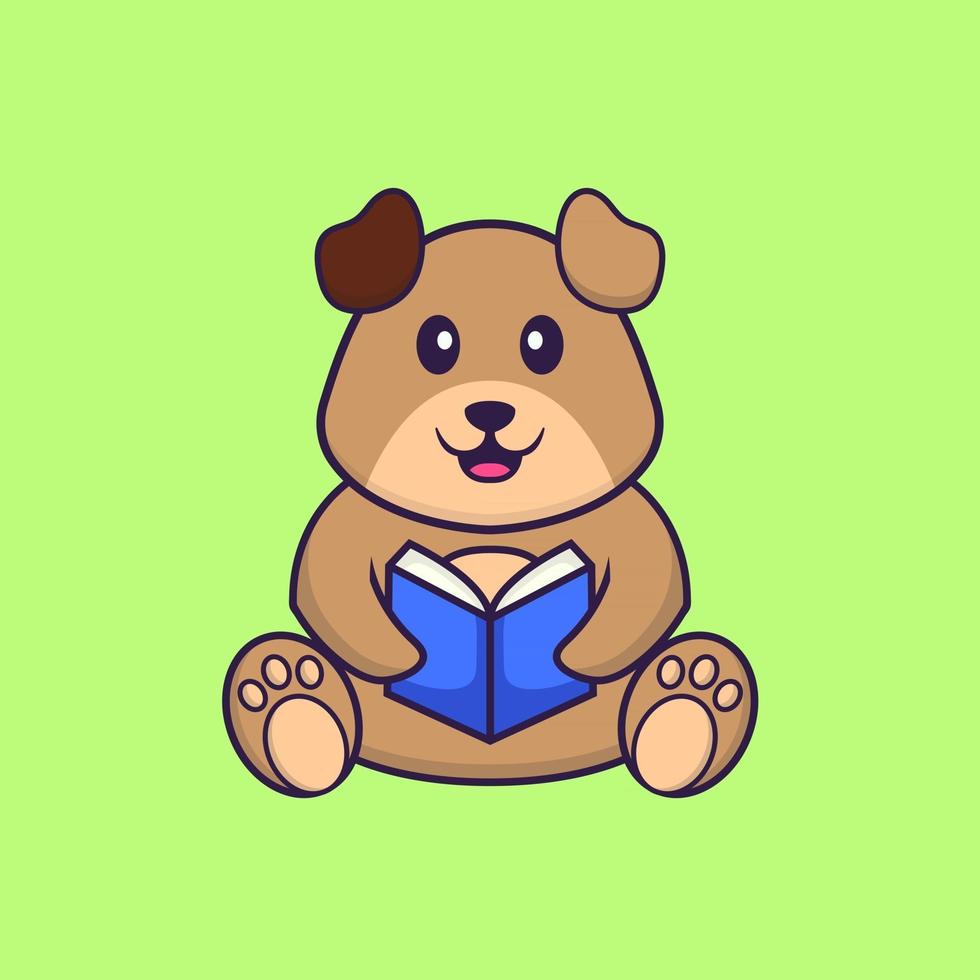 Cute dog reading a book. Animal cartoon concept isolated. Can used for t-shirt, greeting card, invitation card or mascot. Flat Cartoon Style vector