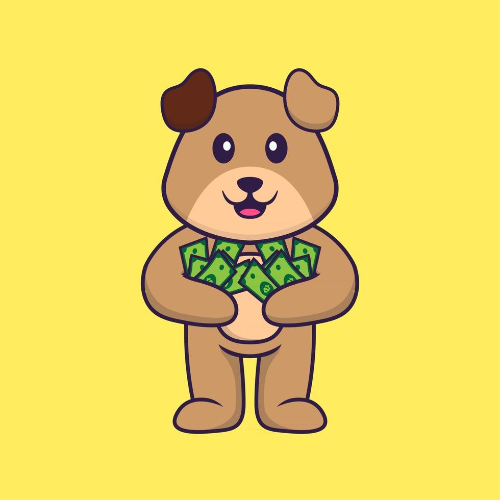 Cute dog holding money. Animal cartoon concept isolated. Can used for t-shirt, greeting card, invitation card or mascot. Flat Cartoon Style vector