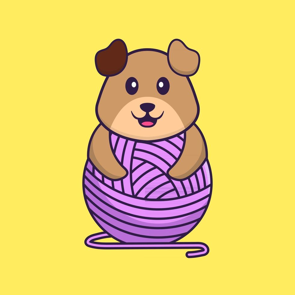 Cute dog playing with wool yarn. Animal cartoon concept isolated. Can used for t-shirt, greeting card, invitation card or mascot. Flat Cartoon Style vector