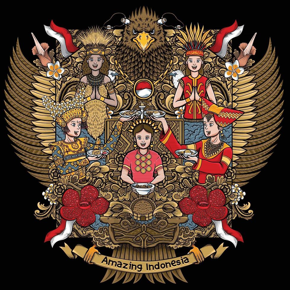 indonesian females with amazing culture on garuda handdrawing illustration vector