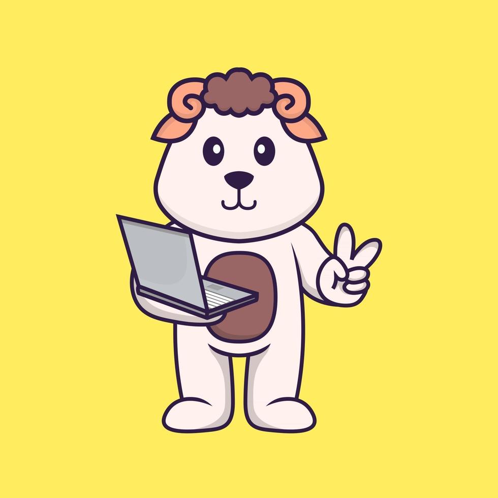 Cute sheep holding laptop. Animal cartoon concept isolated. Can used for t-shirt, greeting card, invitation card or mascot. Flat Cartoon Style vector