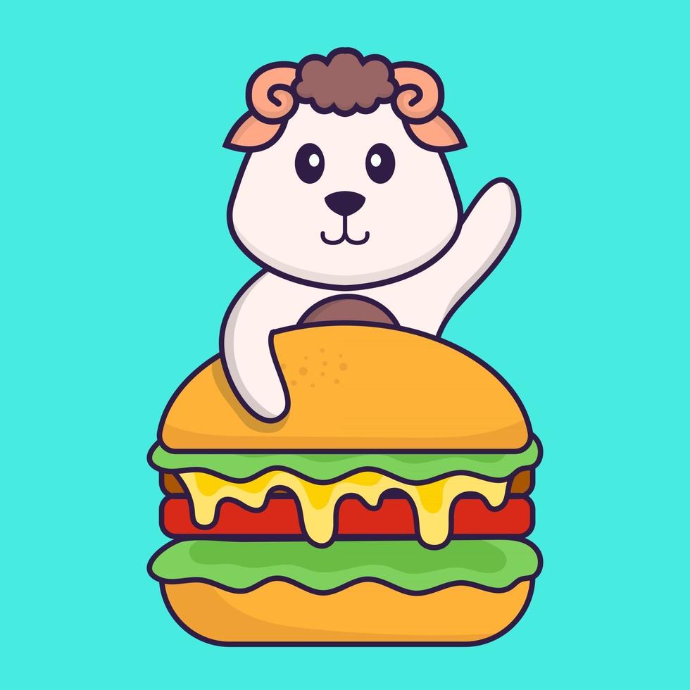 Cute sheep eating burger. Animal cartoon concept isolated. Can used for t-shirt, greeting card, invitation card or mascot. Flat Cartoon Style vector