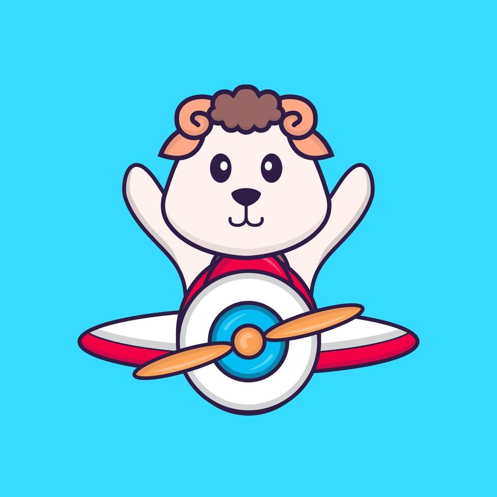 Cute sheep flying on a plane. Animal cartoon concept isolated. Can used for t-shirt, greeting card, invitation card or mascot. Flat Cartoon Style vector