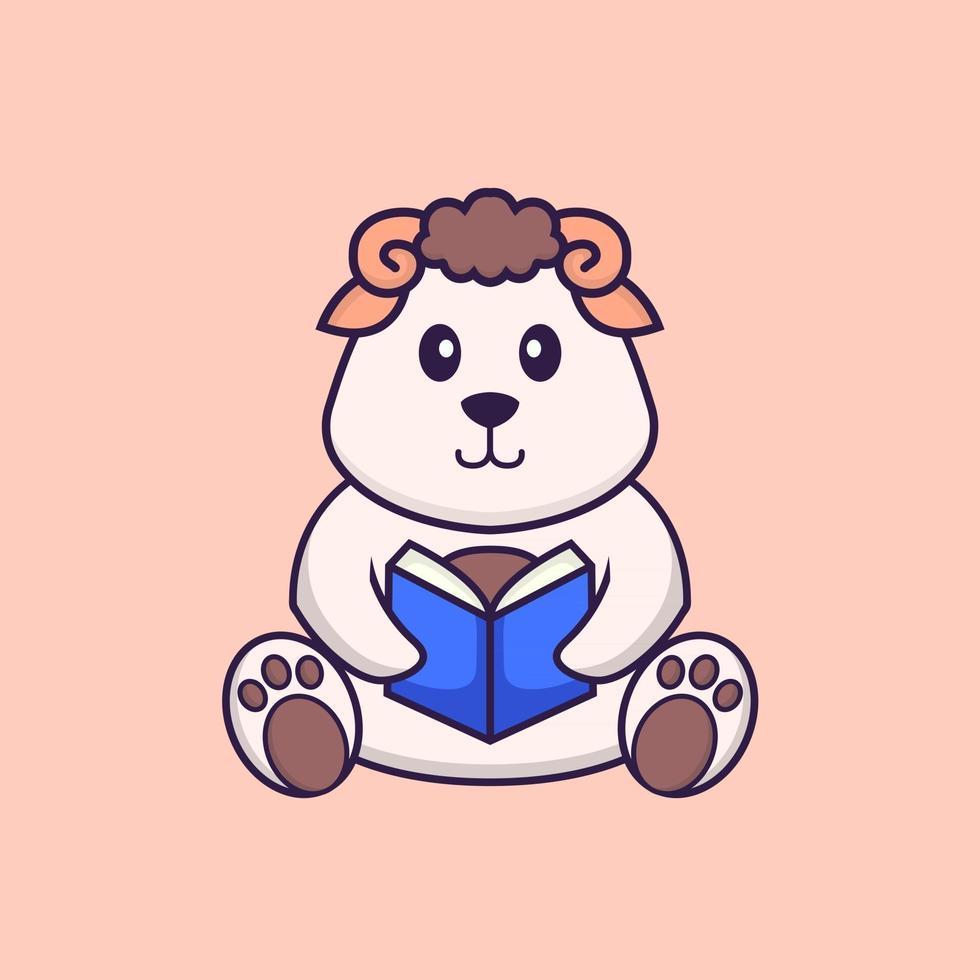 Cute sheep reading a book. Animal cartoon concept isolated. Can used for t-shirt, greeting card, invitation card or mascot. Flat Cartoon Style vector