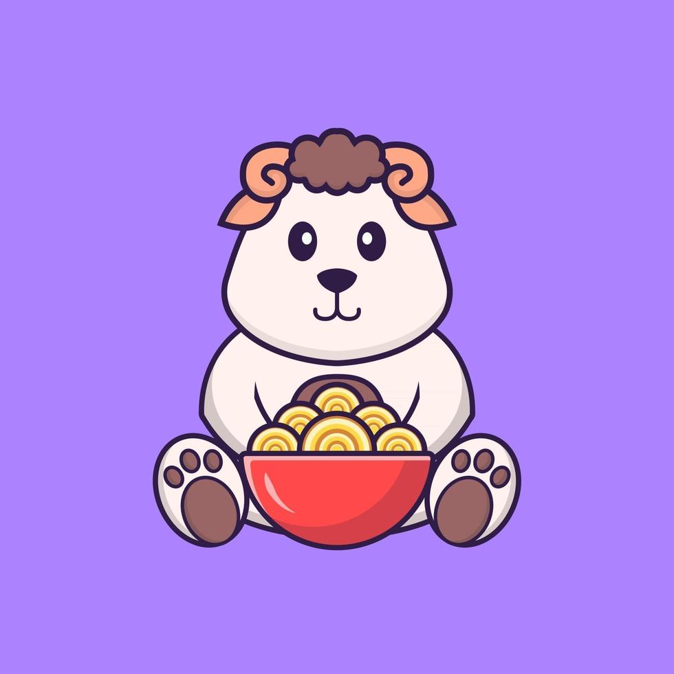 linda oveja comiendo fideos ramen. aislado concepto de dibujos animados de animales. Puede utilizarse para camiseta, tarjeta de felicitación, tarjeta de invitación o mascota. estilo de dibujos animados plana vector