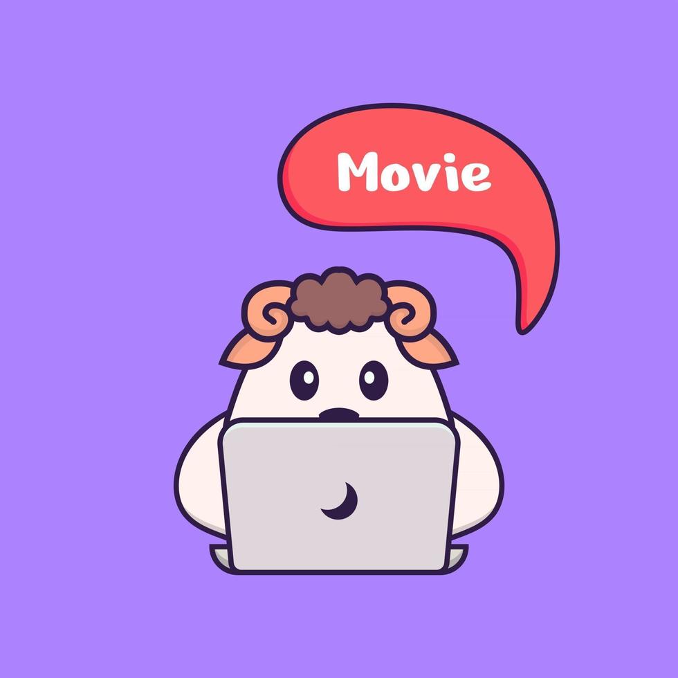 Cute sheep is watching a movie. Animal cartoon concept isolated. Can used for t-shirt, greeting card, invitation card or mascot. Flat Cartoon Style vector