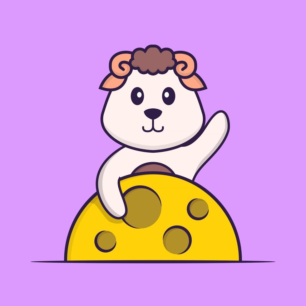 Cute sheep is on the moon. Animal cartoon concept isolated. Can used for t-shirt, greeting card, invitation card or mascot. Flat Cartoon Style vector