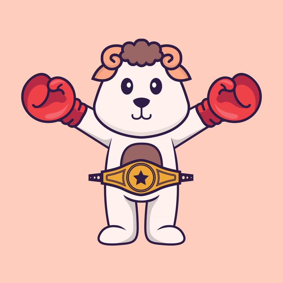 Cute sheep in boxer costume with champion belt. Animal cartoon concept isolated. Can used for t-shirt, greeting card, invitation card or mascot. Flat Cartoon Style vector