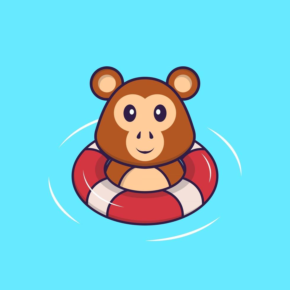 Cute monkey is Swimming with a buoy. Animal cartoon concept isolated. Can used for t-shirt, greeting card, invitation card or mascot. Flat Cartoon Style vector