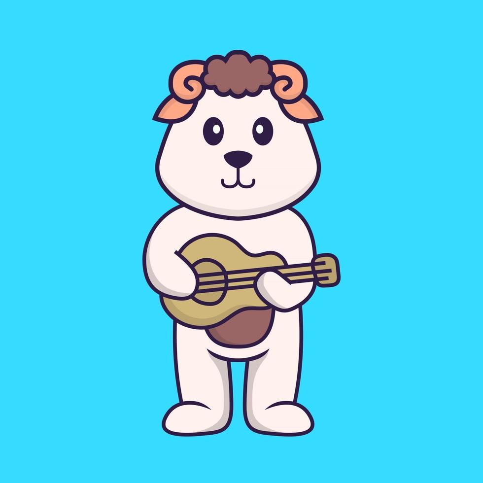 Cute sheep playing guitar. Animal cartoon concept isolated. Can used for t-shirt, greeting card, invitation card or mascot. Flat Cartoon Style vector