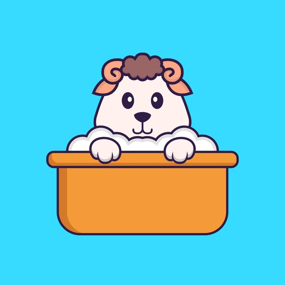 Cute sheep taking a bath in the bathtub. Animal cartoon concept isolated. Can used for t-shirt, greeting card, invitation card or mascot. Flat Cartoon Style vector