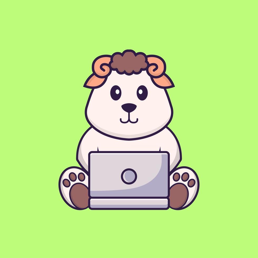 Cute sheep using laptop. Animal cartoon concept isolated. Can used for t-shirt, greeting card, invitation card or mascot. Flat Cartoon Style vector