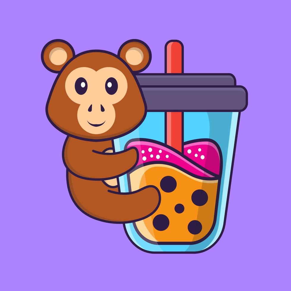 Cute monkey Drinking Boba milk tea. Animal cartoon concept isolated. Can used for t-shirt, greeting card, invitation card or mascot. Flat Cartoon Style vector