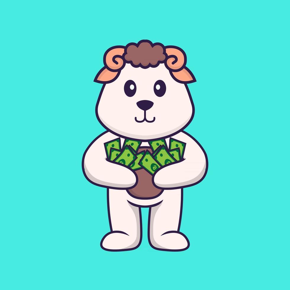 Cute sheep holding money. Animal cartoon concept isolated. Can used for t-shirt, greeting card, invitation card or mascot. Flat Cartoon Style vector