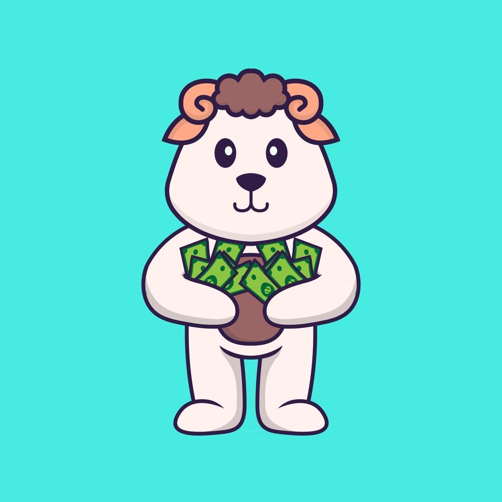 Cute sheep holding money. Animal cartoon concept isolated. Can used for t-shirt, greeting card, invitation card or mascot. Flat Cartoon Style vector