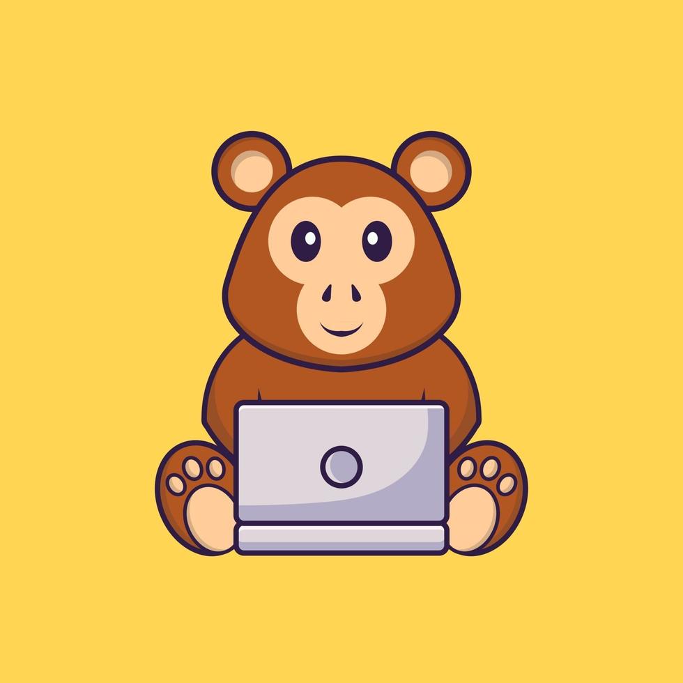 Cute monkey using laptop. Animal cartoon concept isolated. Can used for t-shirt, greeting card, invitation card or mascot. Flat Cartoon Style vector