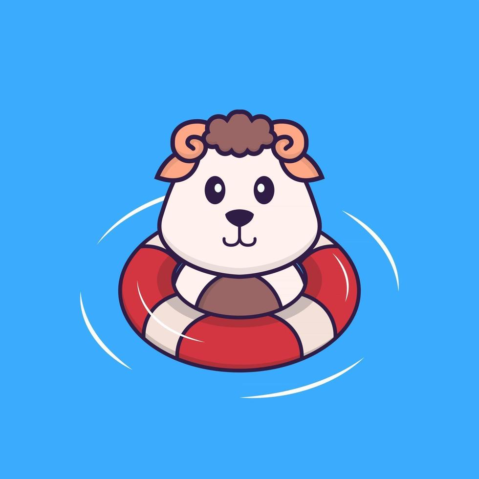 Cute sheep is Swimming with a buoy. Animal cartoon concept isolated. Can used for t-shirt, greeting card, invitation card or mascot. Flat Cartoon Style vector