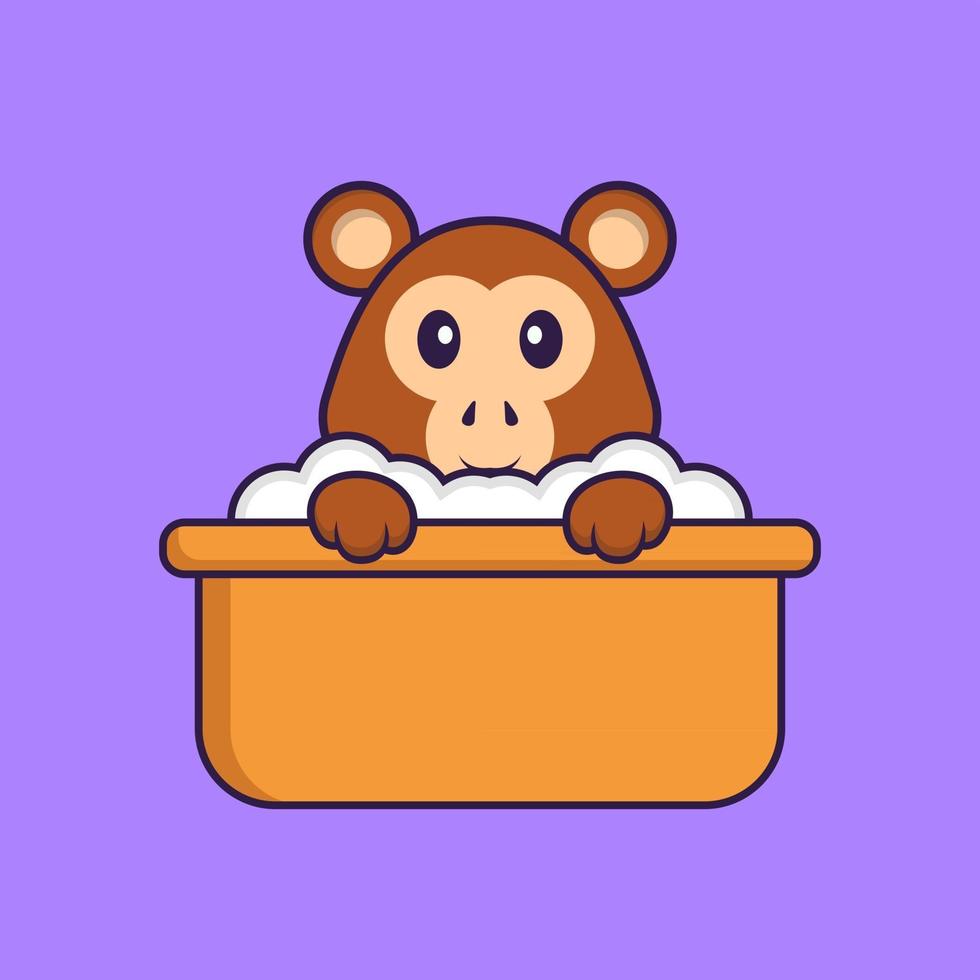 Cute monkey taking a bath in the bathtub. Animal cartoon concept isolated. Can used for t-shirt, greeting card, invitation card or mascot. Flat Cartoon Style vector