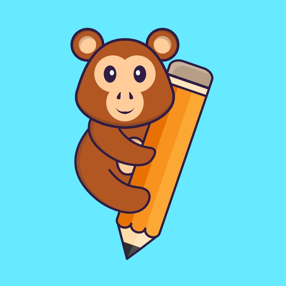 Cute monkey holding a pencil. Animal cartoon concept isolated. Can used for t-shirt, greeting card, invitation card or mascot. Flat Cartoon Style vector