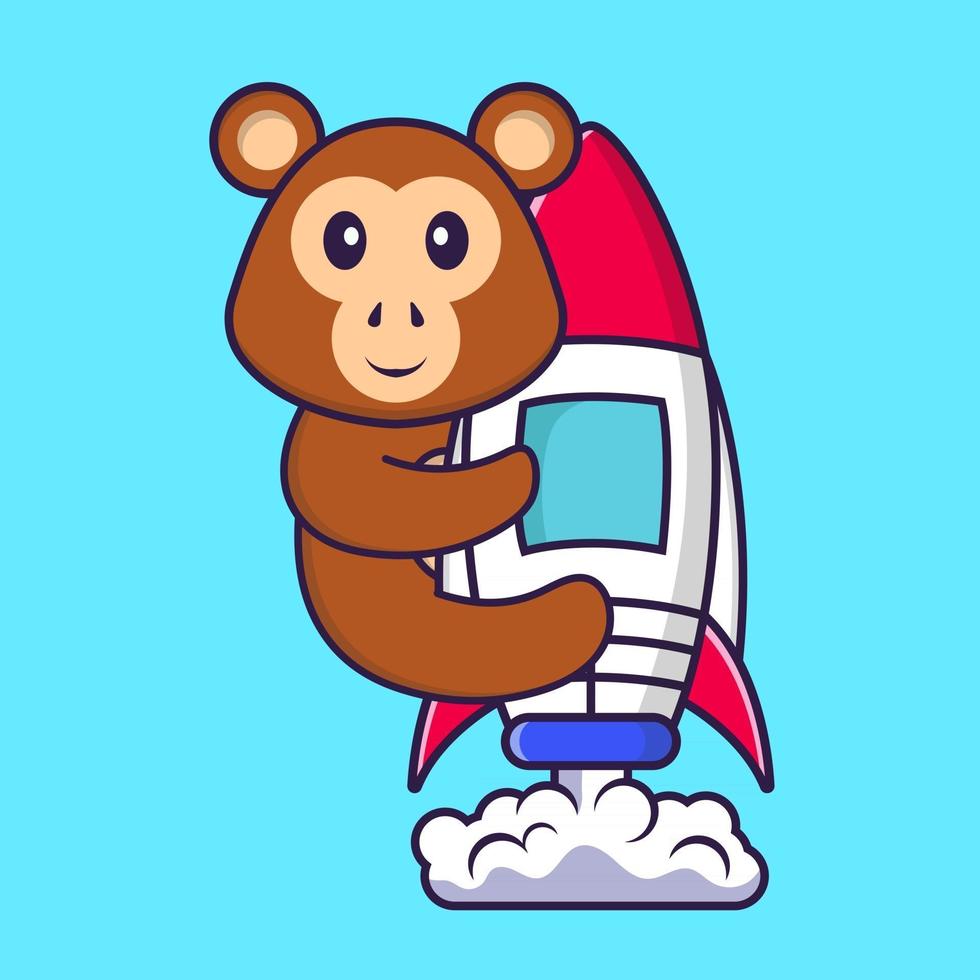 Cute monkey flying on rocket. Animal cartoon concept isolated. Can used for t-shirt, greeting card, invitation card or mascot. Flat Cartoon Style vector