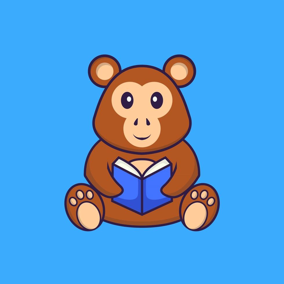 Cute monkey reading a book. Animal cartoon concept isolated. Can used for t-shirt, greeting card, invitation card or mascot. Flat Cartoon Style vector