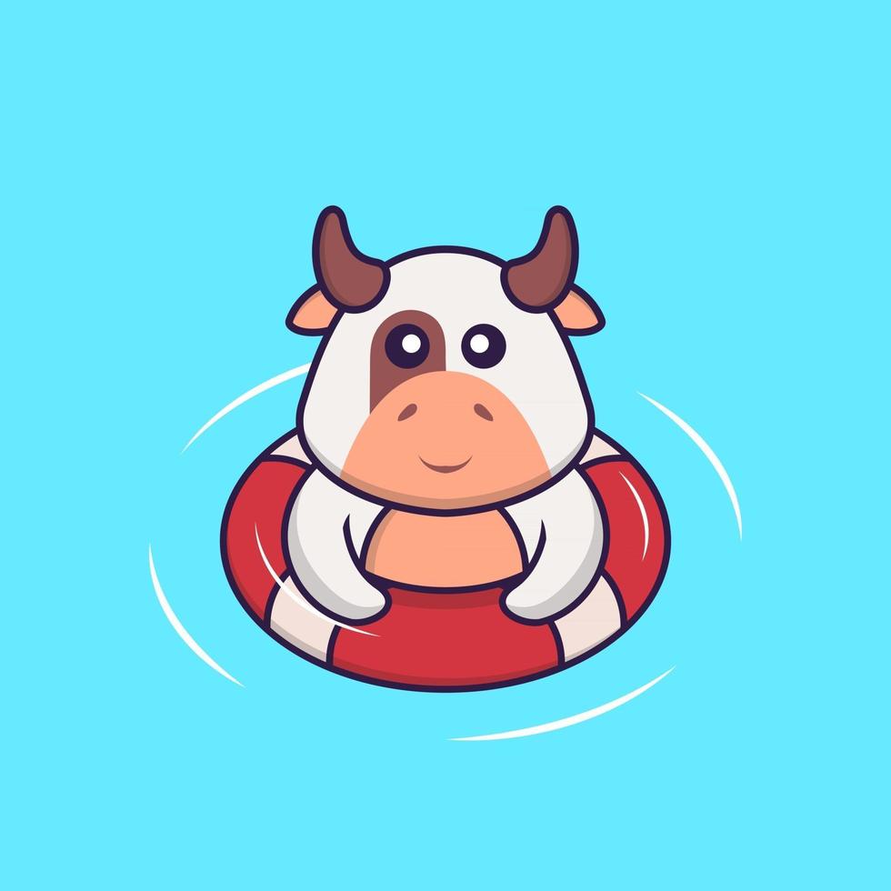 Cute cow is Swimming with a buoy. Animal cartoon concept isolated. Can used for t-shirt, greeting card, invitation card or mascot. Flat Cartoon Style vector