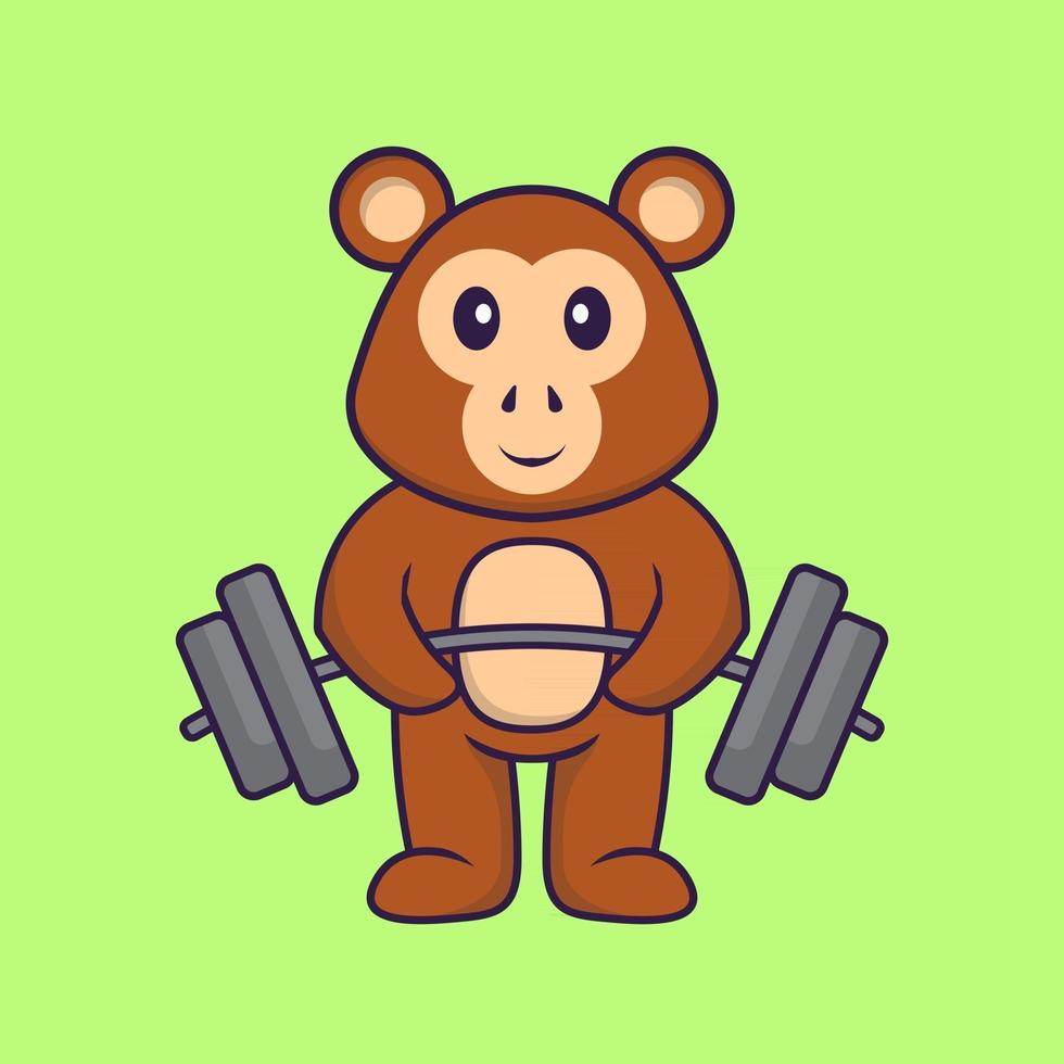 Cute monkey lifts the barbell. Animal cartoon concept isolated. Can used for t-shirt, greeting card, invitation card or mascot. Flat Cartoon Style vector