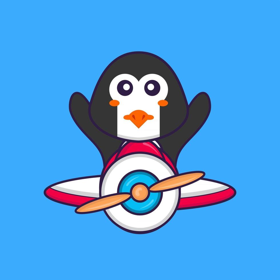 Cute penguin flying on a plane. Animal cartoon concept isolated. Can used for t-shirt, greeting card, invitation card or mascot. Flat Cartoon Style vector