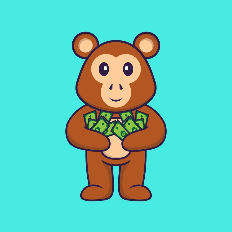 Cute monkey holding money. Animal cartoon concept isolated. Can used for t-shirt, greeting card, invitation card or mascot. Flat Cartoon Style vector