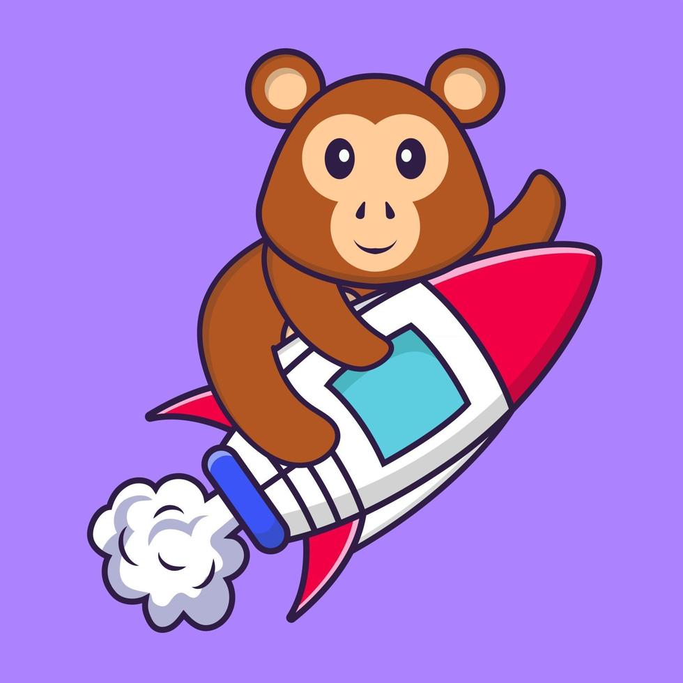 Cute monkey flying on rocket. Animal cartoon concept isolated. Can used for t-shirt, greeting card, invitation card or mascot. Flat Cartoon Style vector